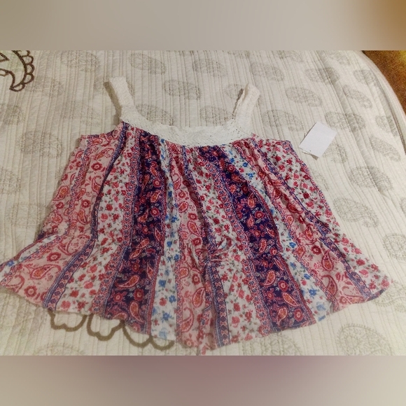 🌸PAISLEY PRINT PEPLUM CROCHET TRIM SWING TANK TOP SIZE L COTRAGECORE - Picture 9 of 15